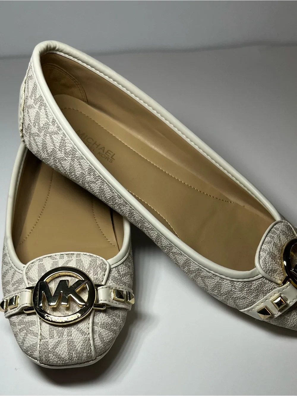 Michael Kors White Lace-Texture Ballet Flats with Gold MK Medallions